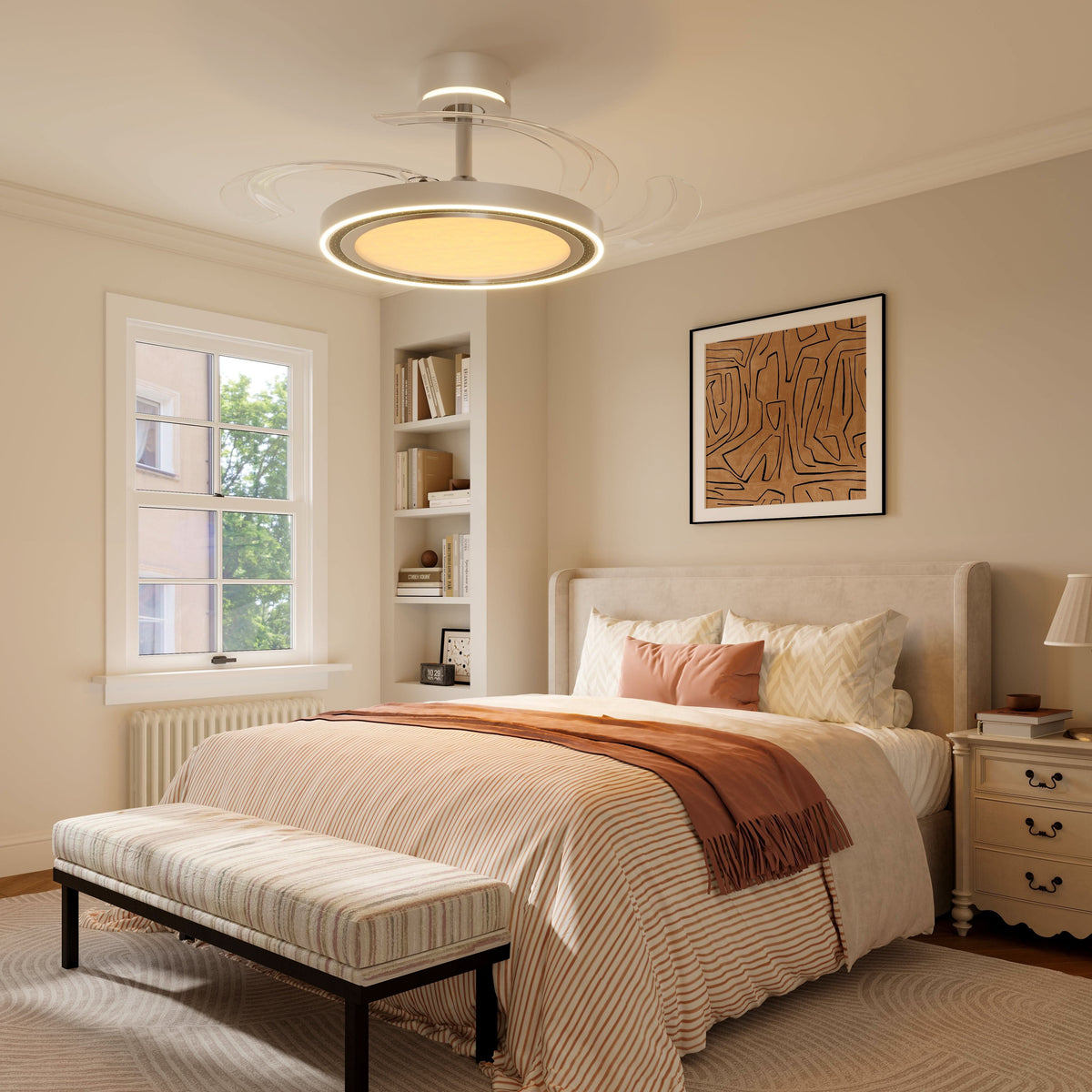 48 inch reversible ceiling fan with LED light highlighting the blade and light ring