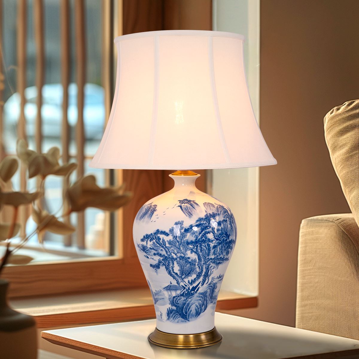 Lightsin Classic Blue and White Ceramic Table Lamp with Fabric Shade Lightsin UK