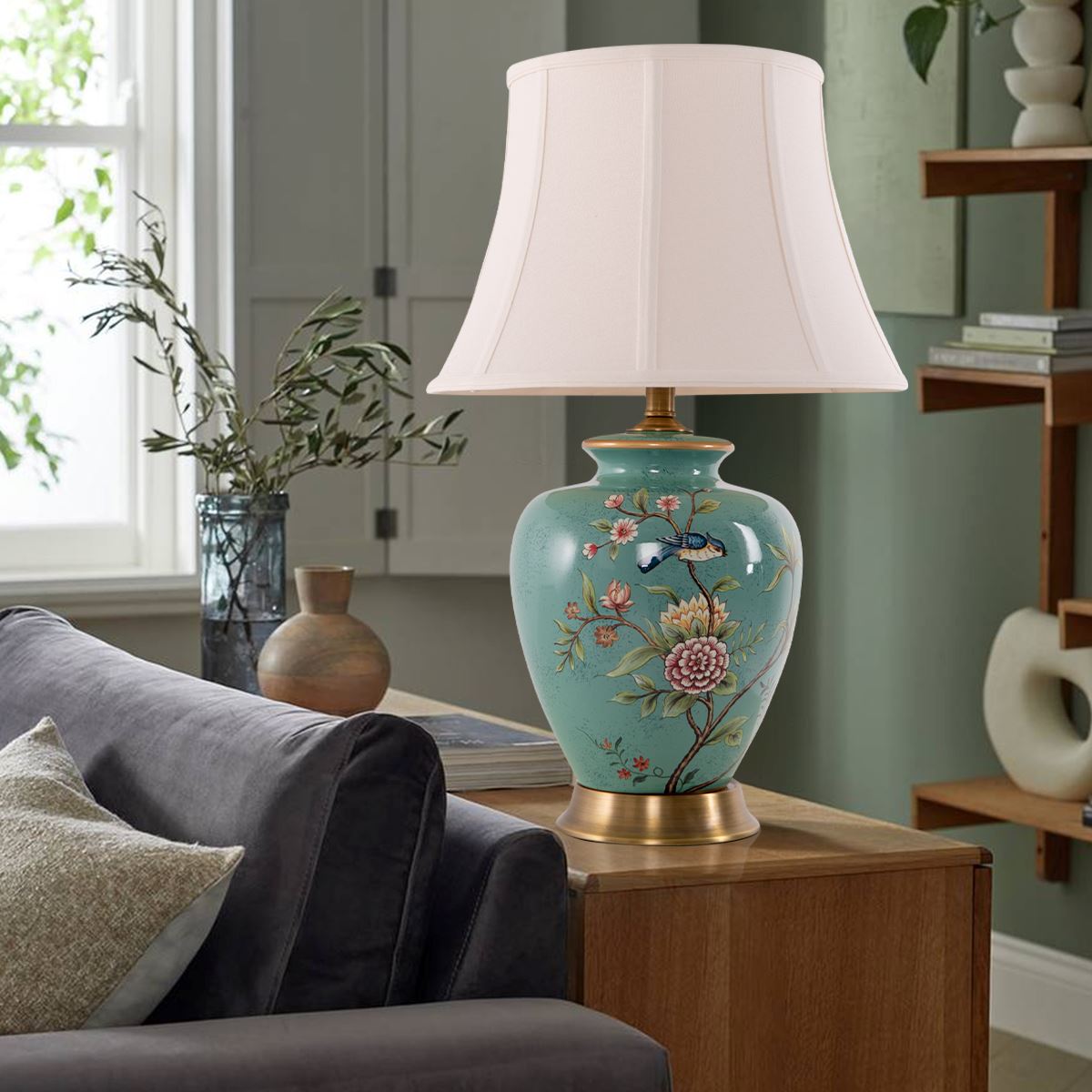 Lightsin Vintage Green Floral Ceramic Table Lamp with Fabric Shade Lightsin UK