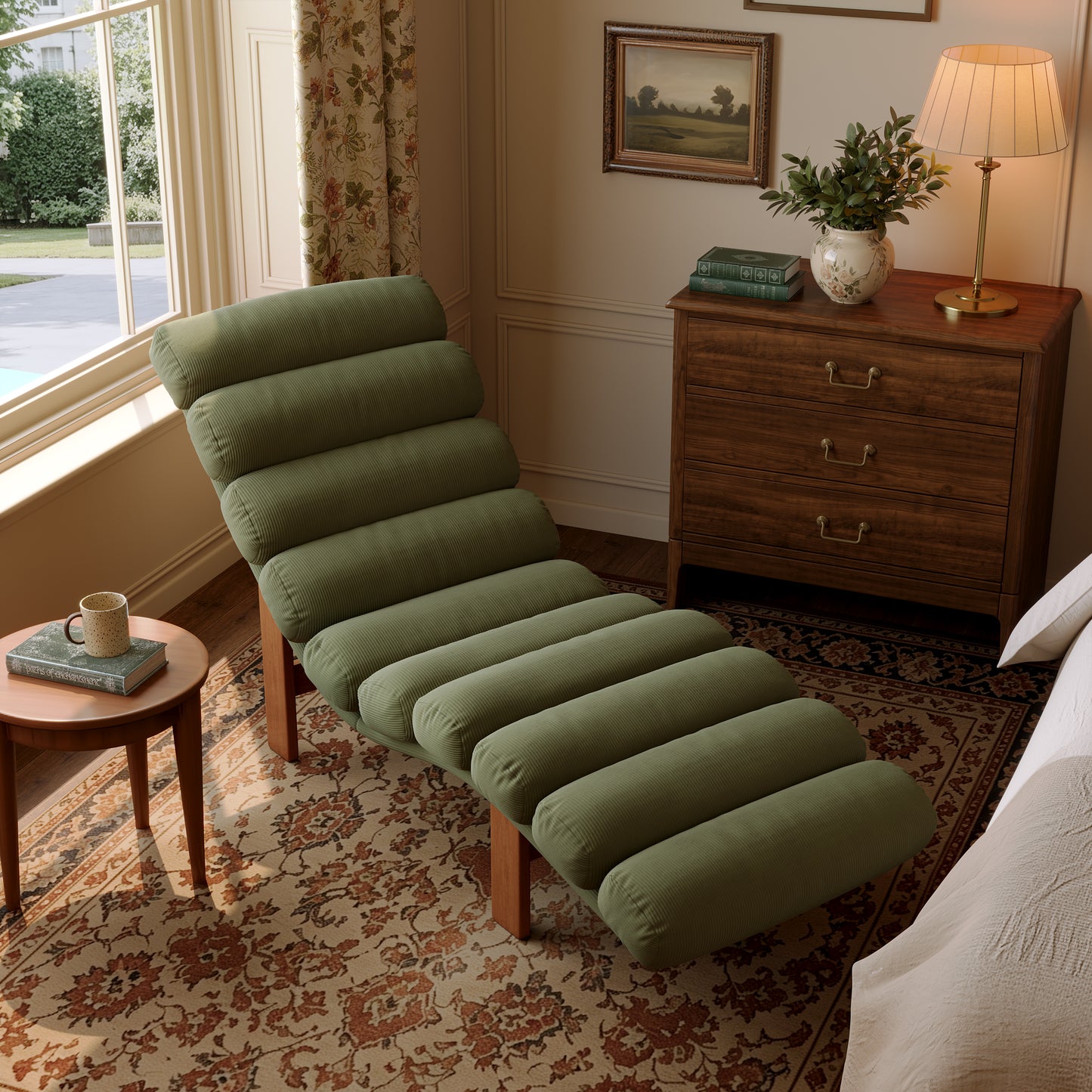 Modern Ergonomic Corduroy Chaise Lounge with Natural Wooden Frame