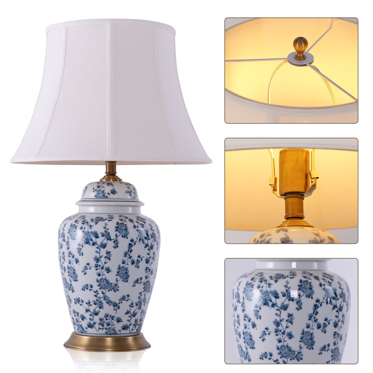 Blue Floral Ceramic Table Lamp with Fabric Shade and Brass Base Lightsin UK