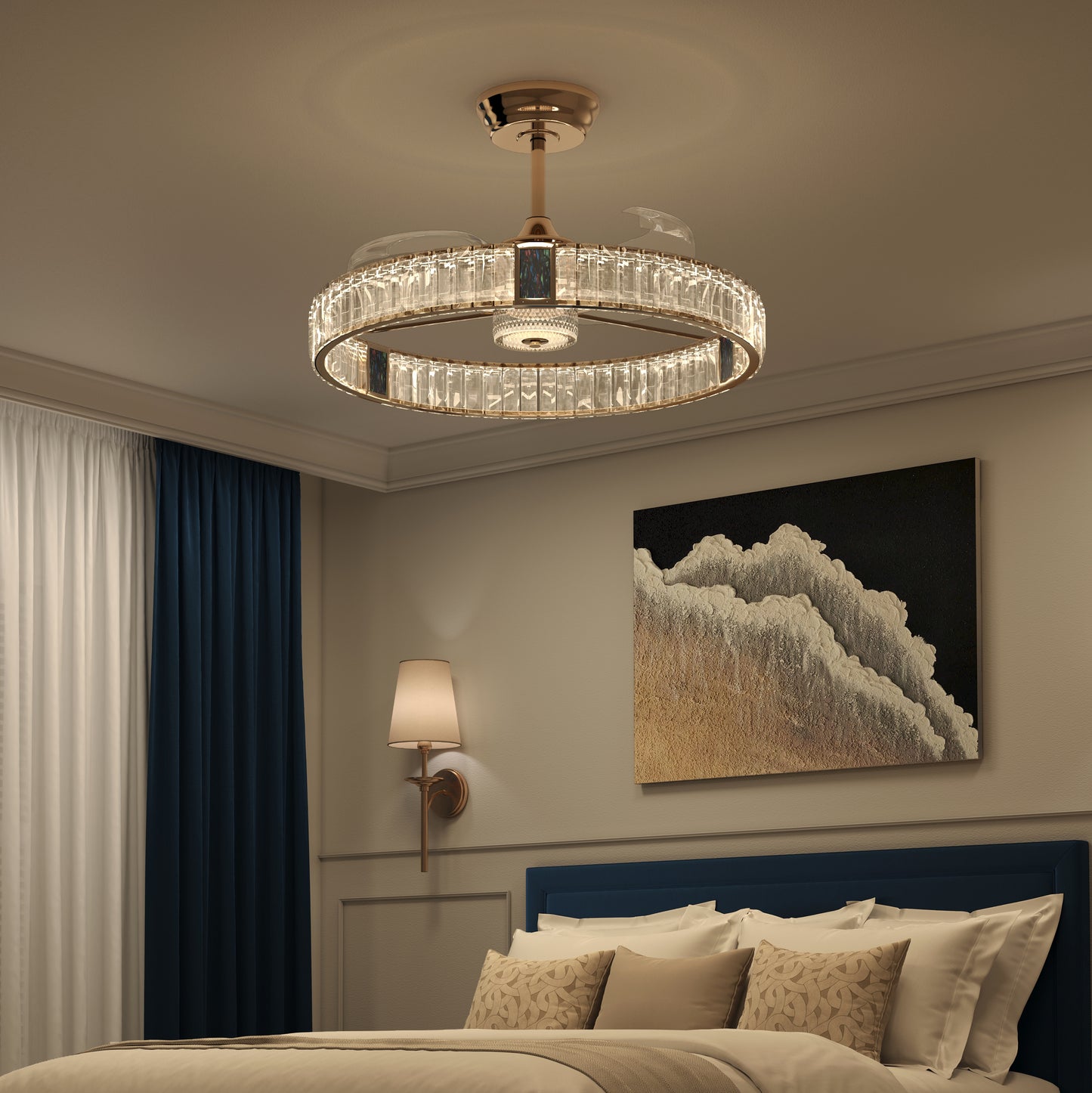 Gold crystal ceiling fan light with 6-speed remote control for bedrooms