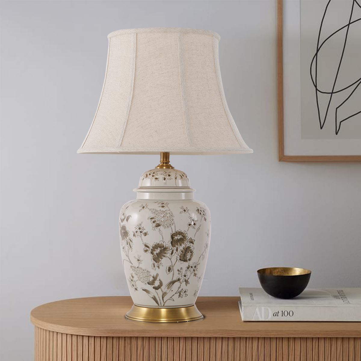 Chrysanthemum Ceramic and Copper Table Lamp with Fabric Shade Lightsin UK
