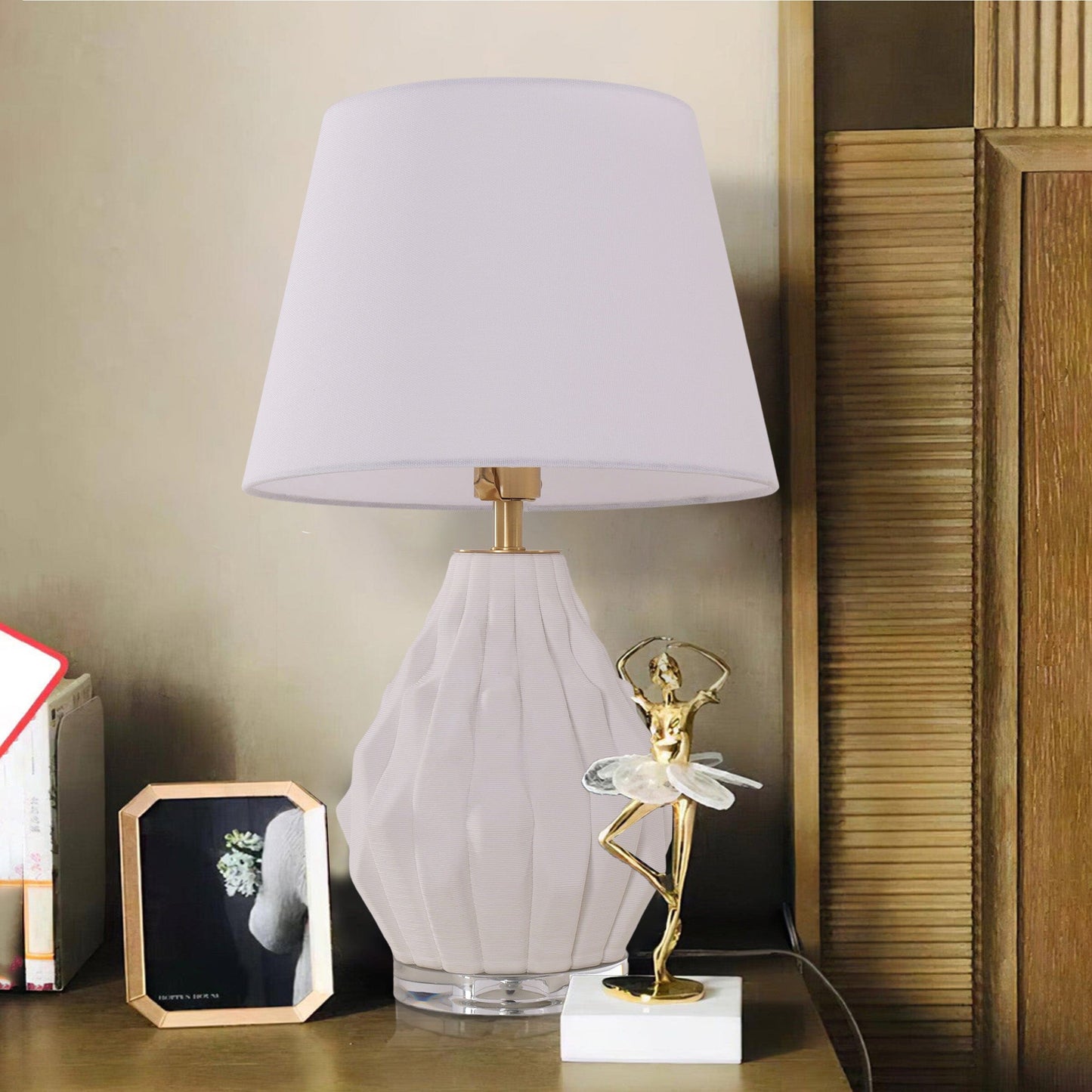 Lightsin 3D Pure White Polygonal Textured Ceramic Table Lamp with Fabric Shade Lightsin UK