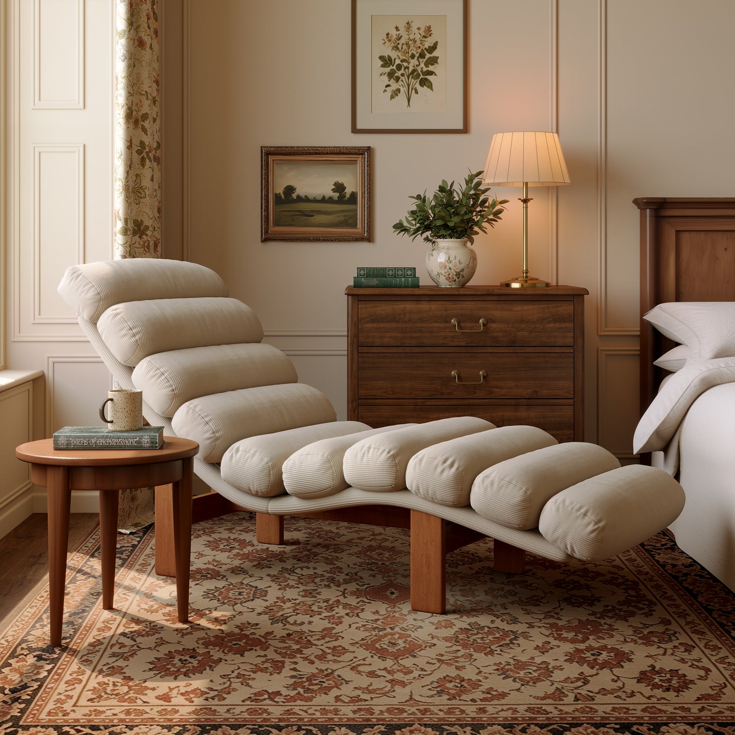 Modern Ergonomic Corduroy Chaise Lounge with Natural Wooden Frame