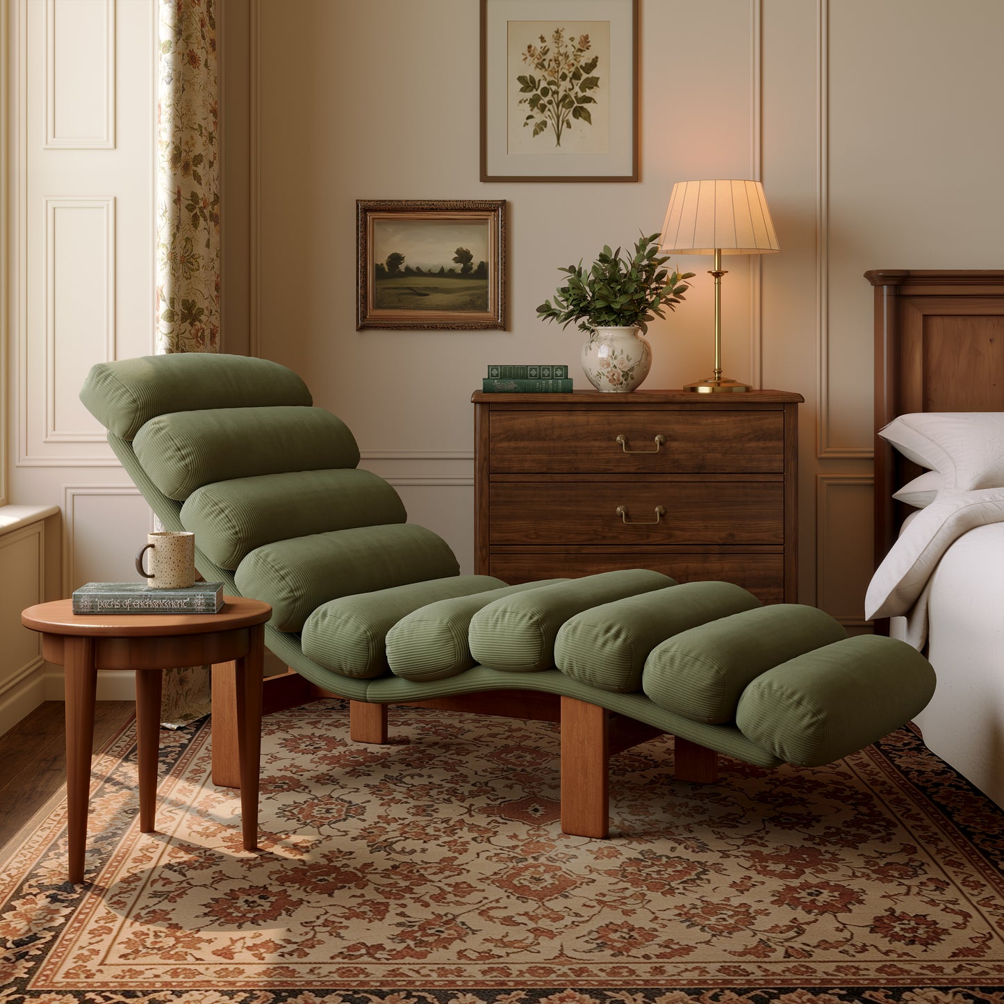 Modern Ergonomic Corduroy Chaise Lounge with Natural Wooden Frame