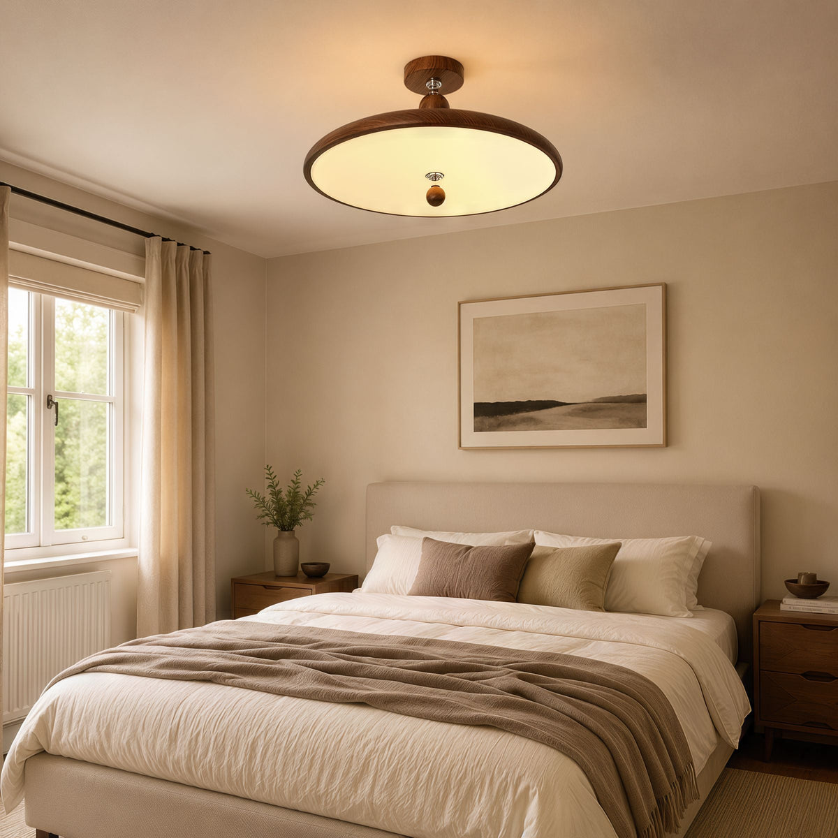 walnut two-globe flush ceiling light shown as a clean product view