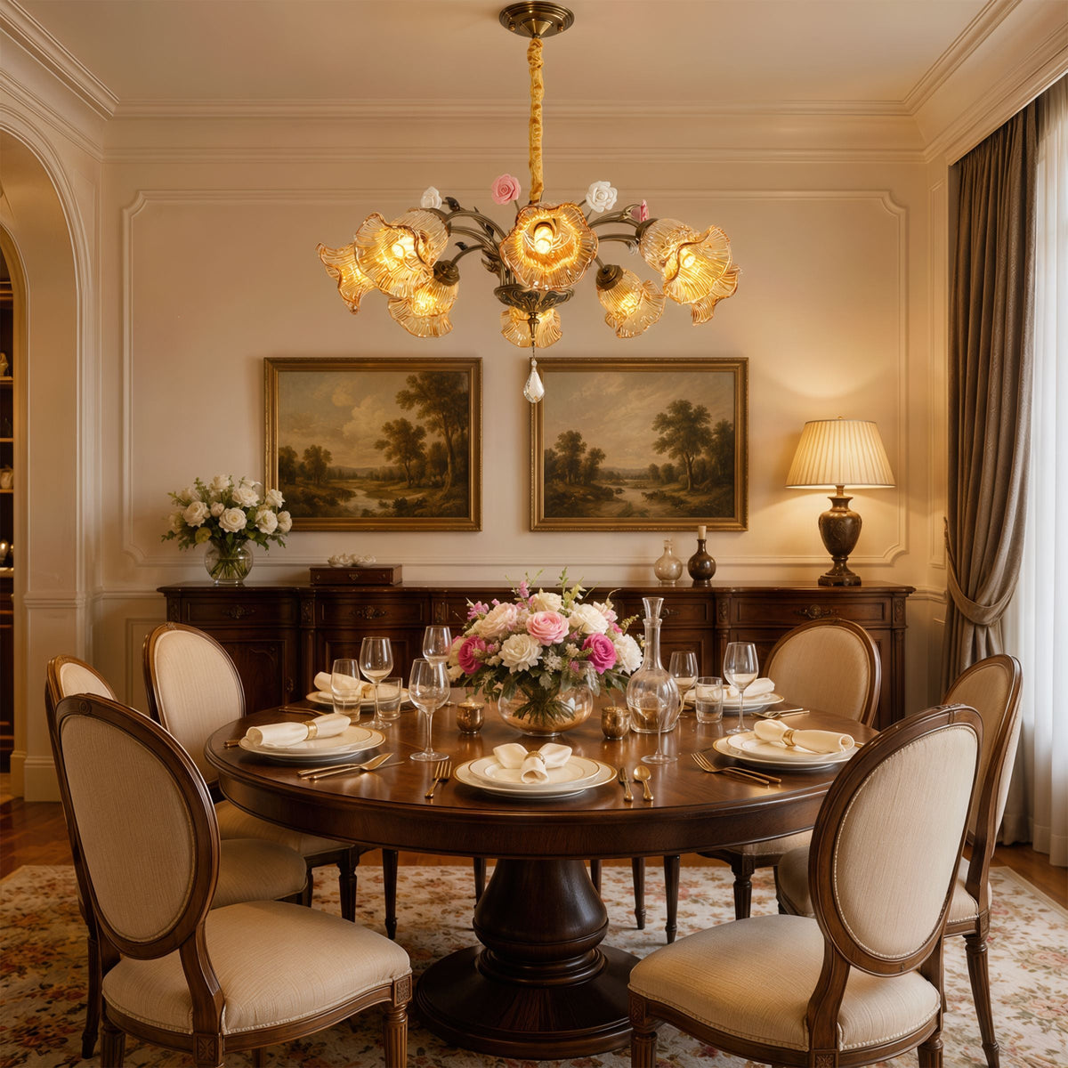 antique bronze chandelier with amber flower shades with canopy and shade details