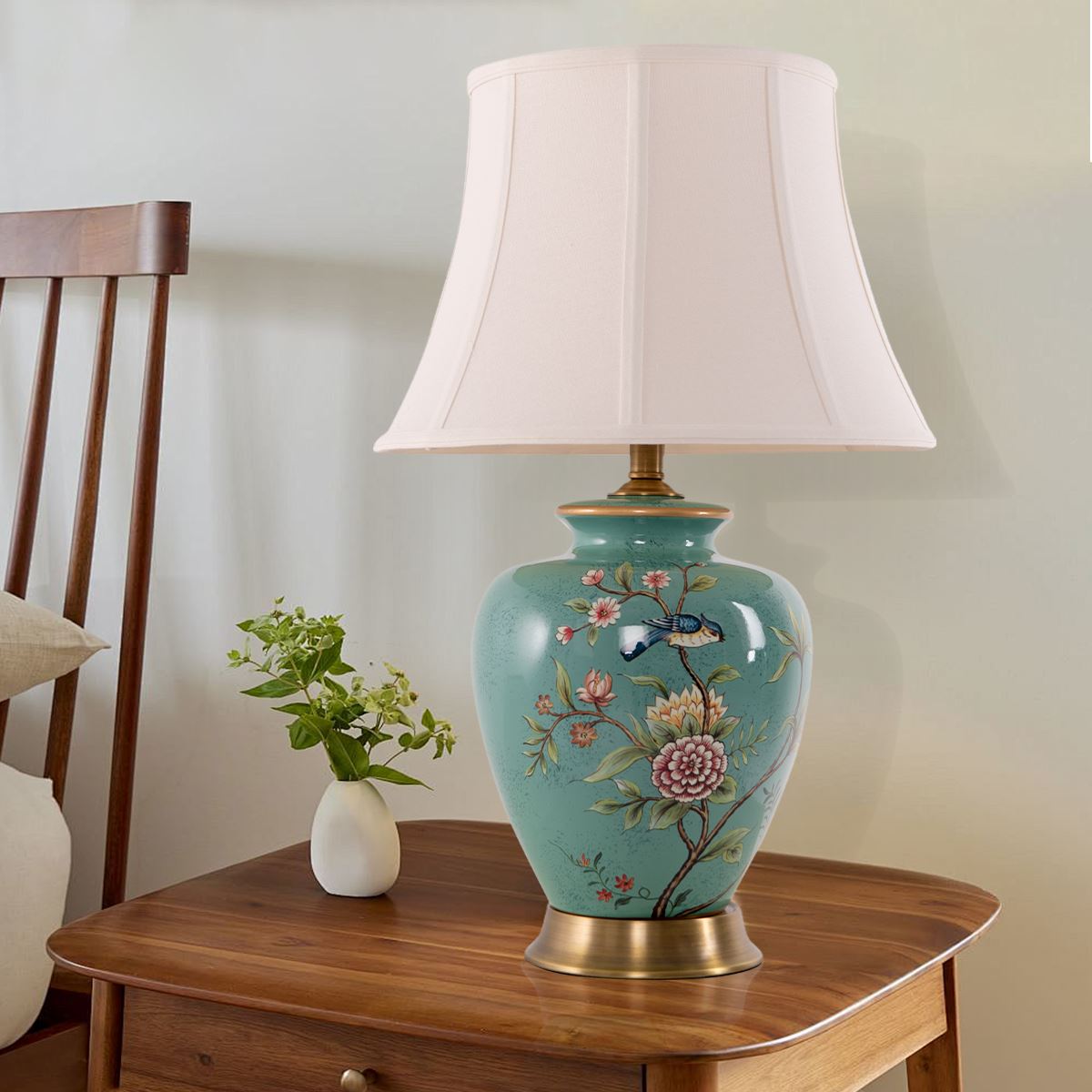 Lightsin Vintage Green Floral Ceramic Table Lamp with Fabric Shade Lightsin UK