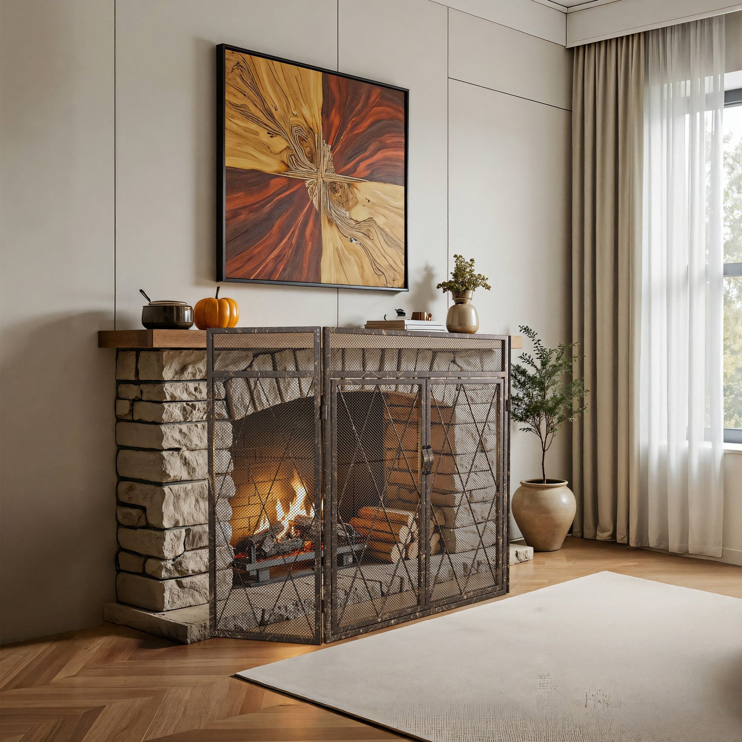 Triple-Fold Iron Fireplace Screen Antique Copper Powder Coated – 127x13x81cm