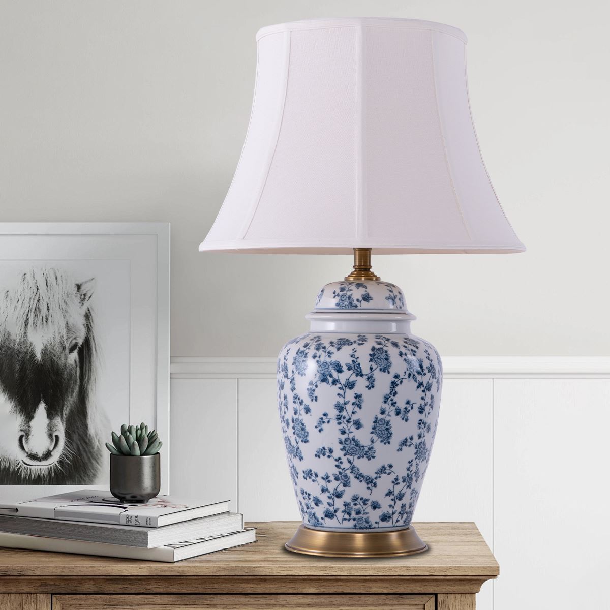 Lightsin Blue Floral Ceramic Table Lamp with Fabric Shade and Brass Base Lightsin UK