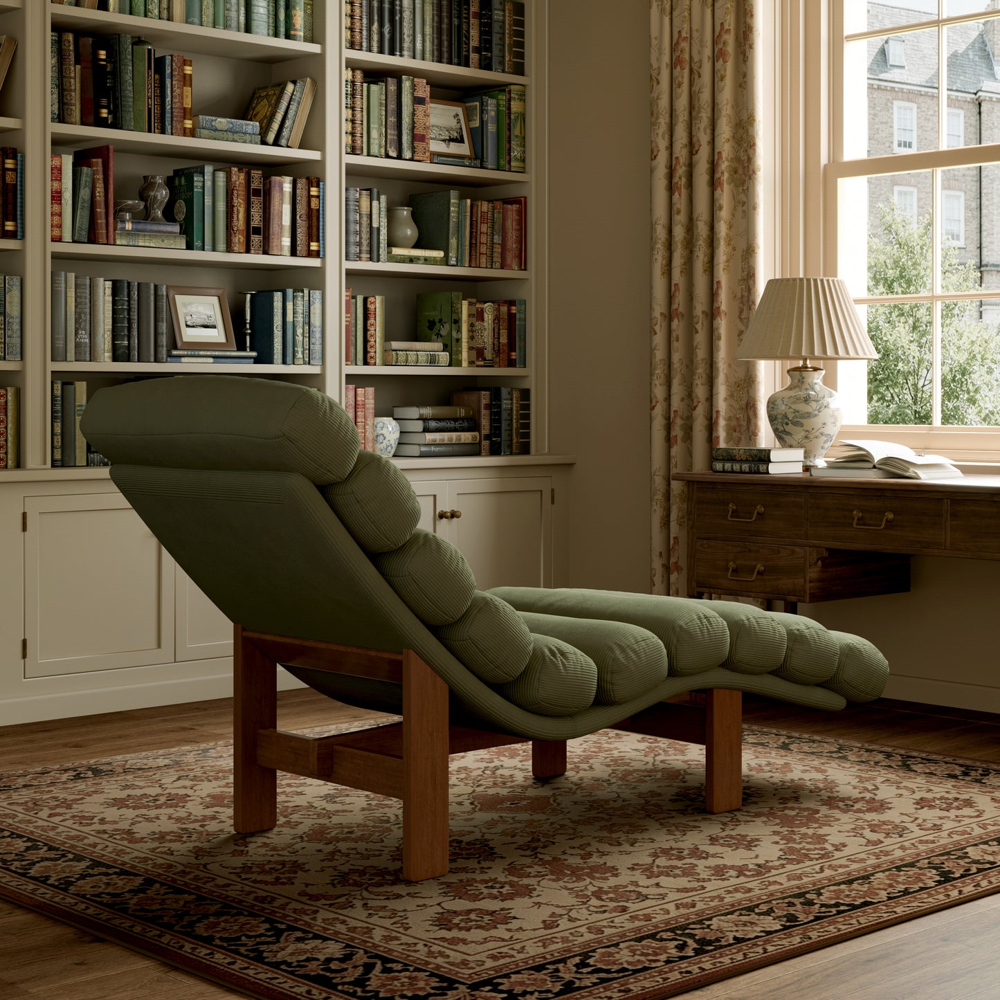 Modern Ergonomic Corduroy Chaise Lounge with Natural Wooden Frame