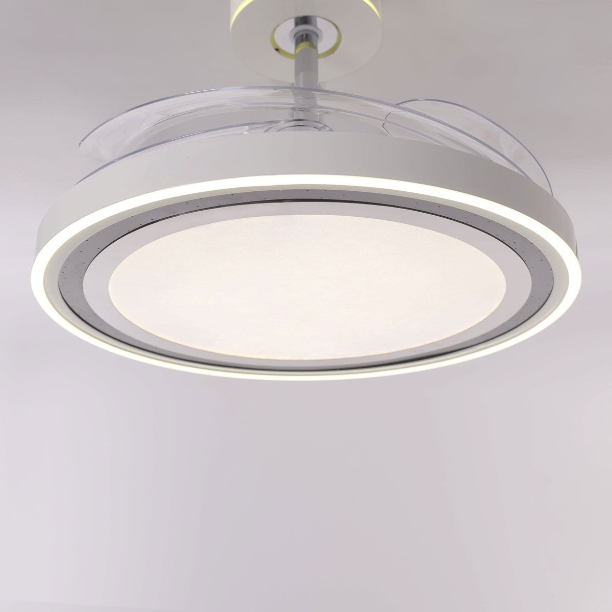 48 inch reversible ceiling fan with LED light shown from below with LED light on