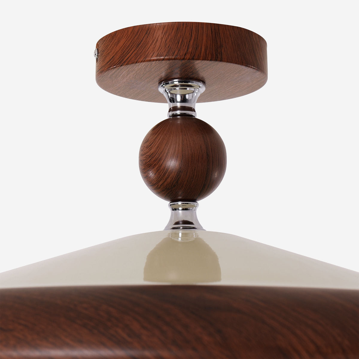 walnut two-globe flush ceiling light in a soft neutral room setting
