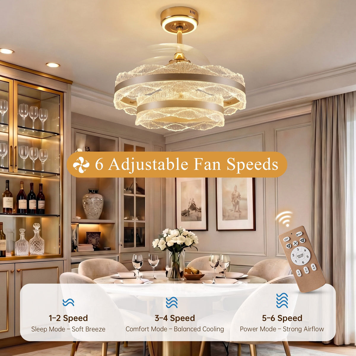 6-speed gold crystal ceiling fan light with remote control in a dining room