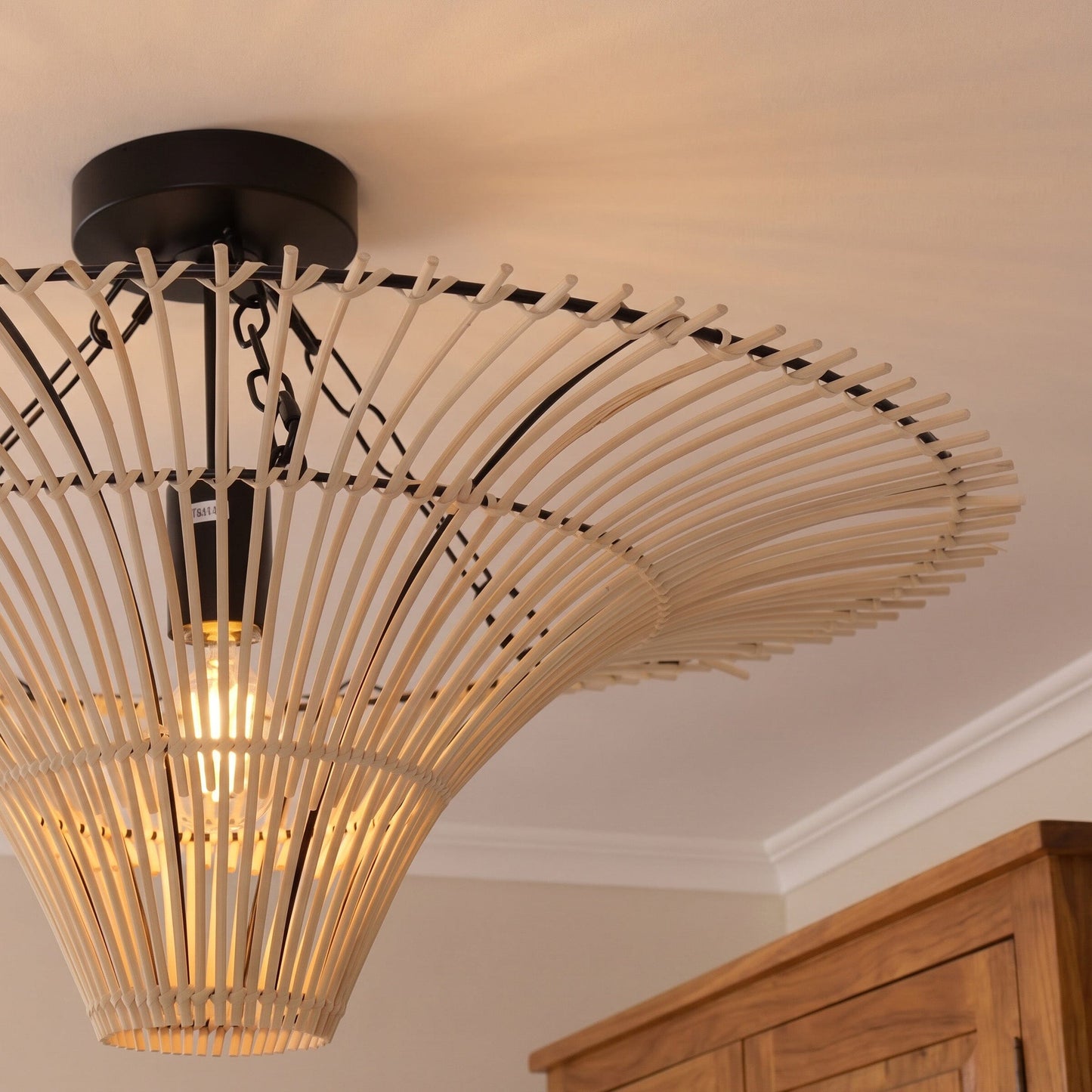 Side close-up of rattan ceiling light with black canopy, chain and warm bulb