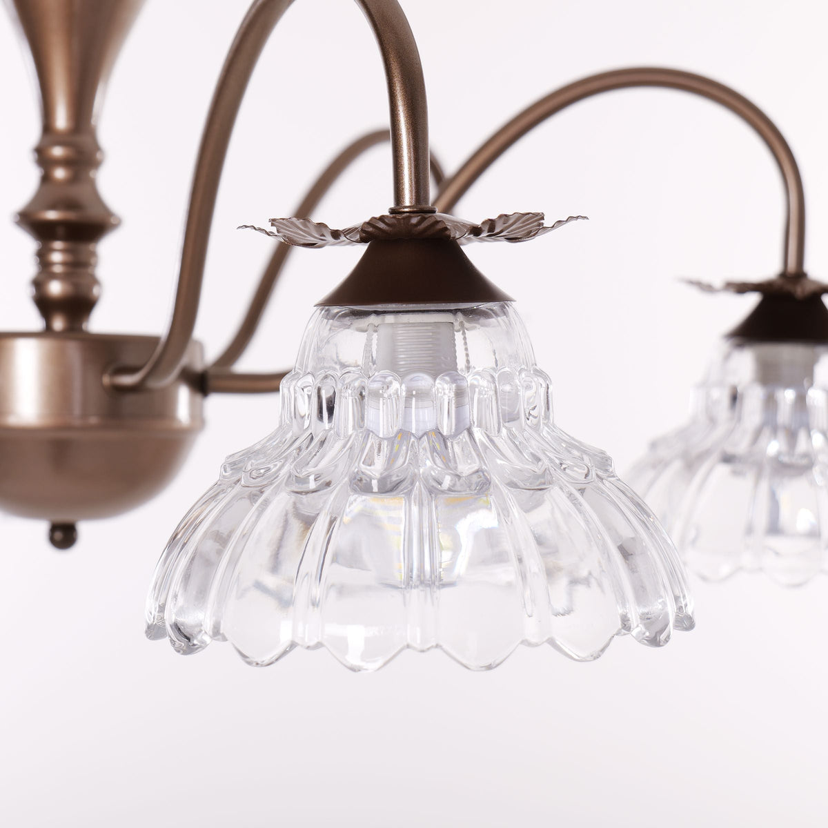 gold 6-light floral glass chandelier brightening a traditional dining room