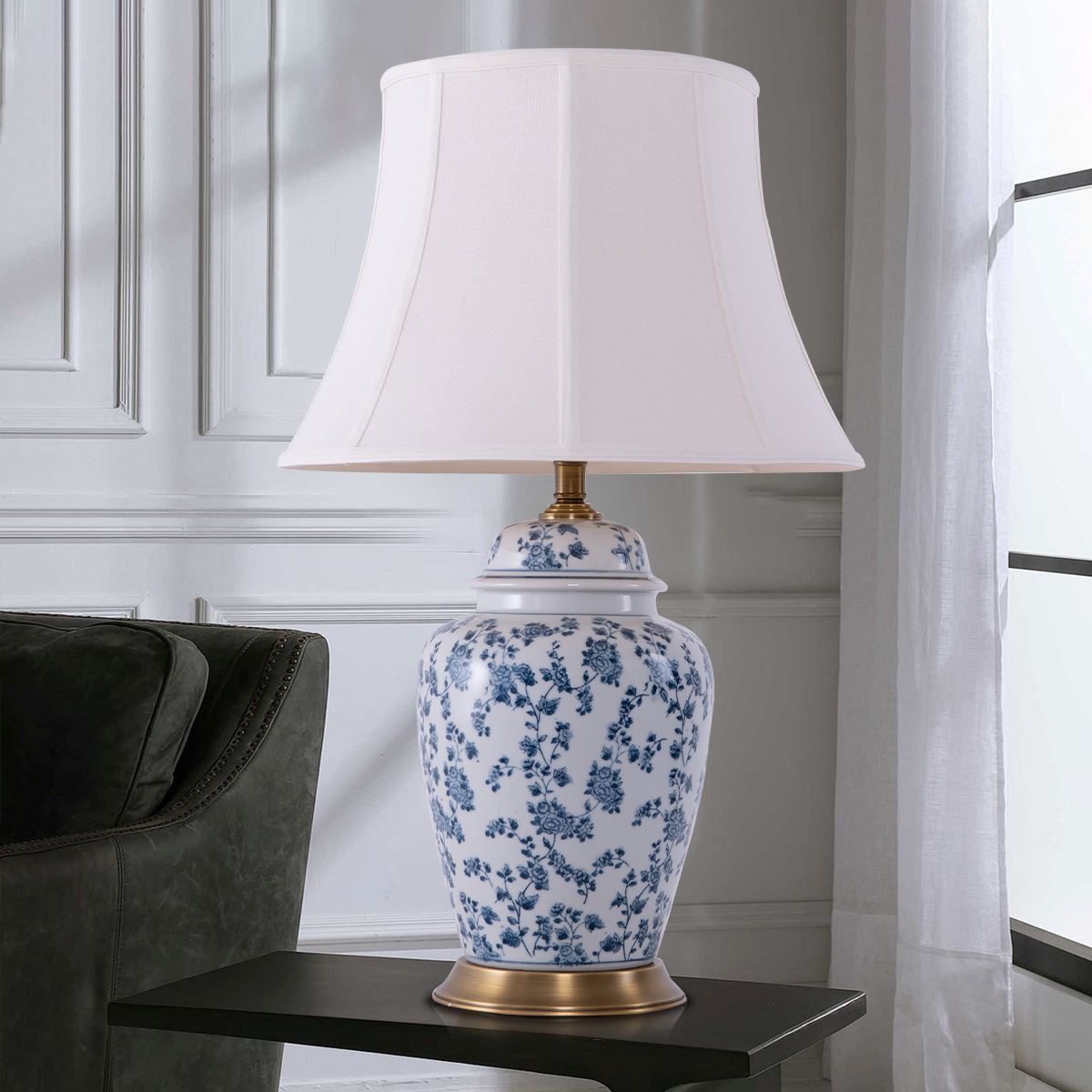 Lightsin Blue Floral Ceramic Table Lamp with Fabric Shade and Brass Base Lightsin UK