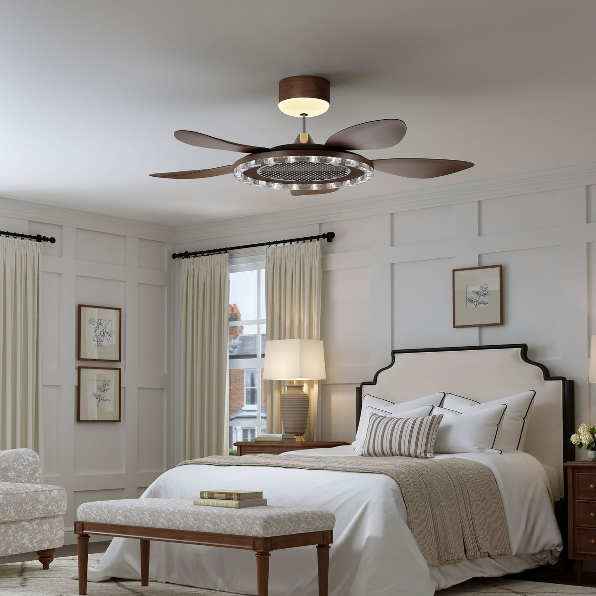48 inch reversible ceiling fan with LED light cooling a bright bedroom