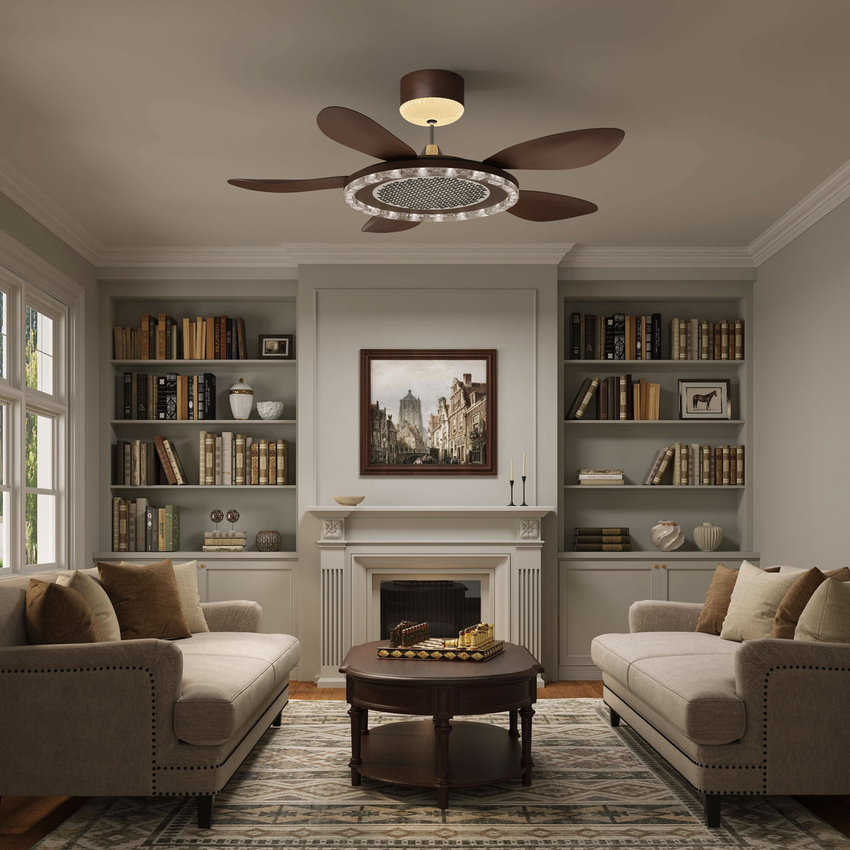 48 inch reversible ceiling fan with LED light with a compact motor and blade detail