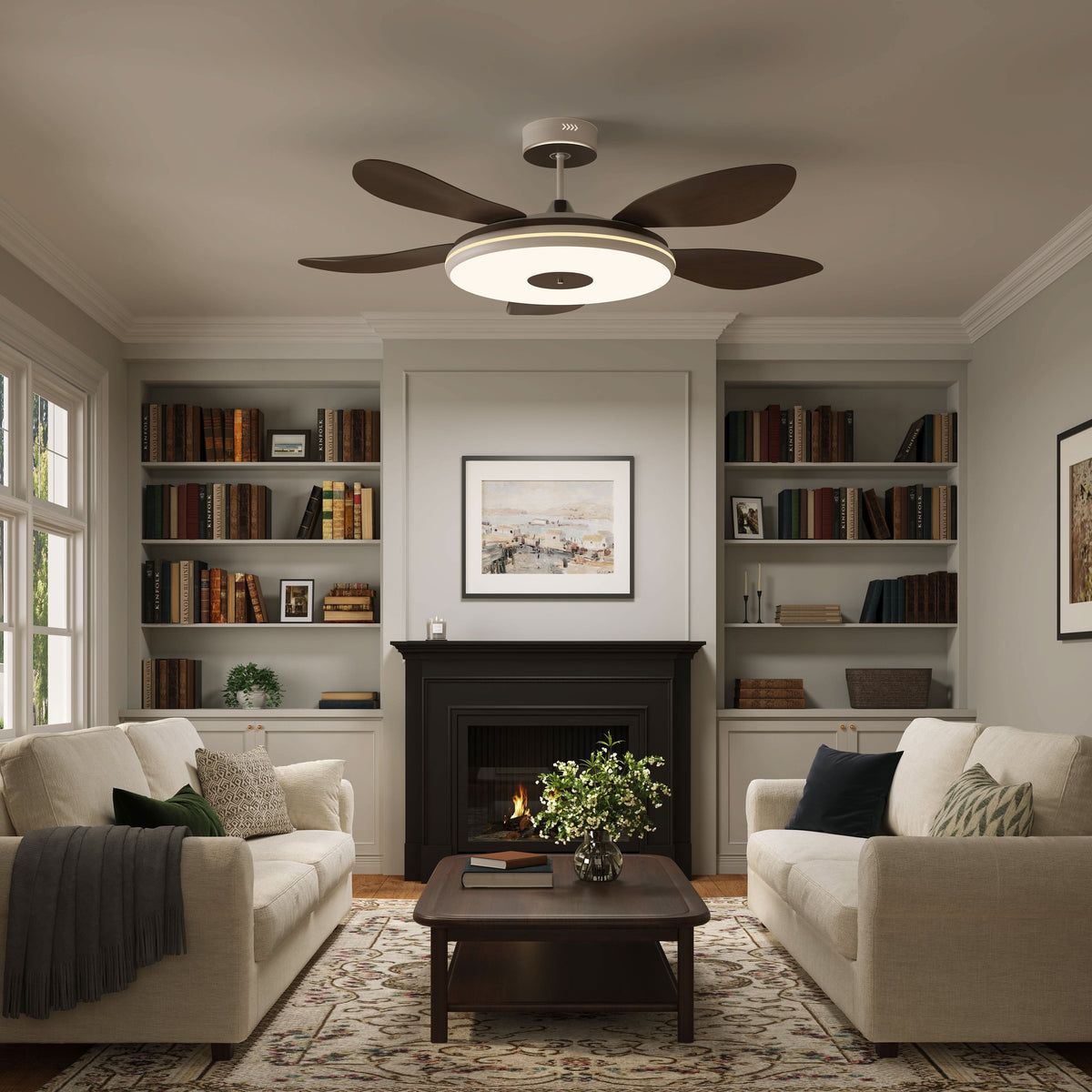 48 inch ceiling fan with dimmable LED light with a compact motor and blade detail