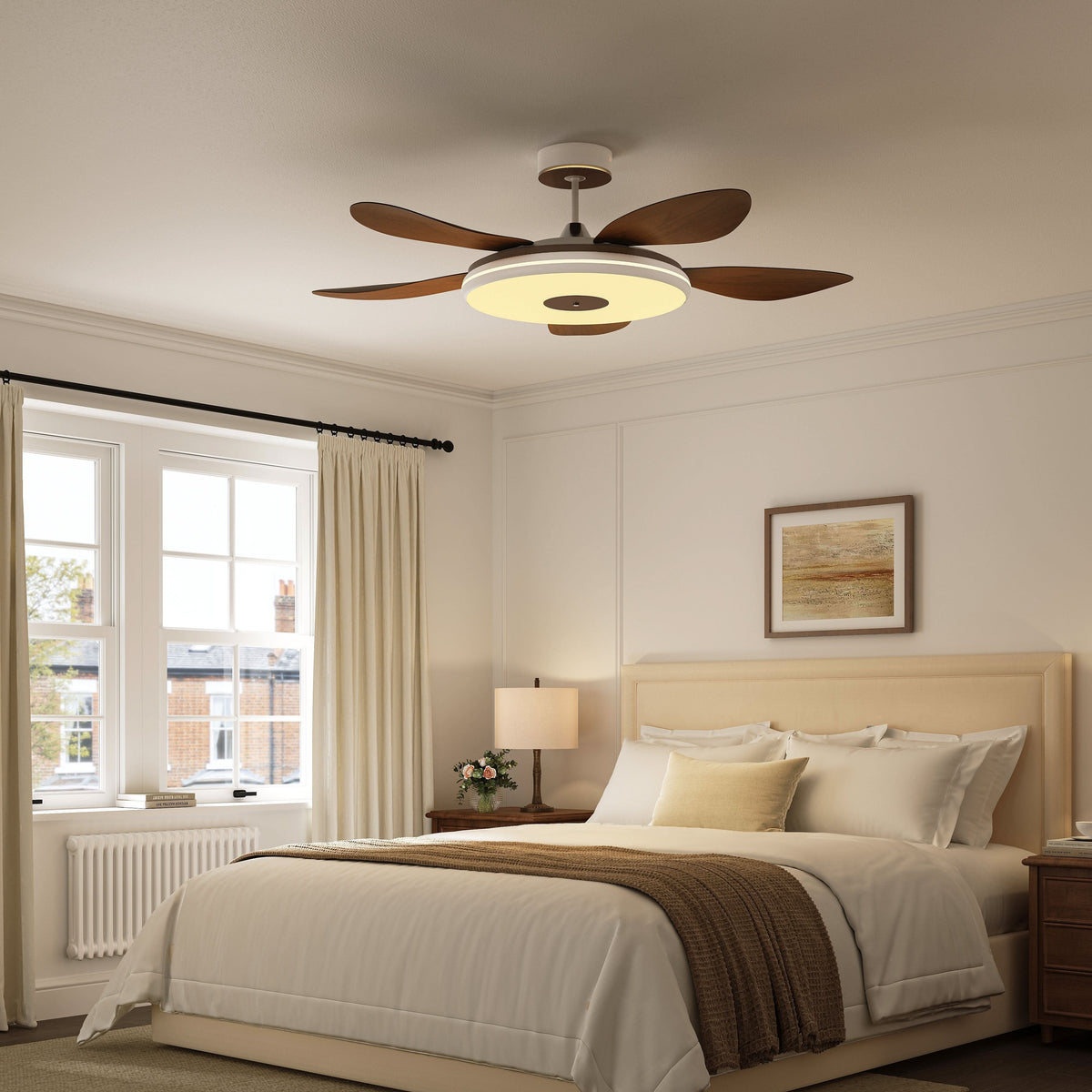 48 inch ceiling fan with dimmable LED light in a neutral lounge setting