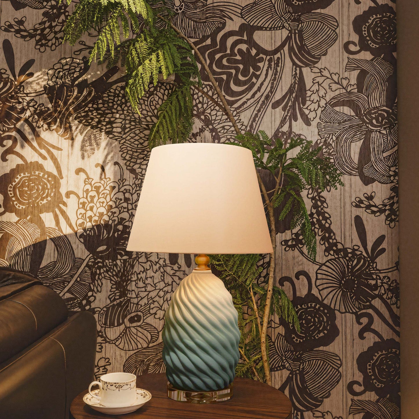 3D Blue Green White Gradient Threaded Ceramic Table Lamp with Fabric Shade