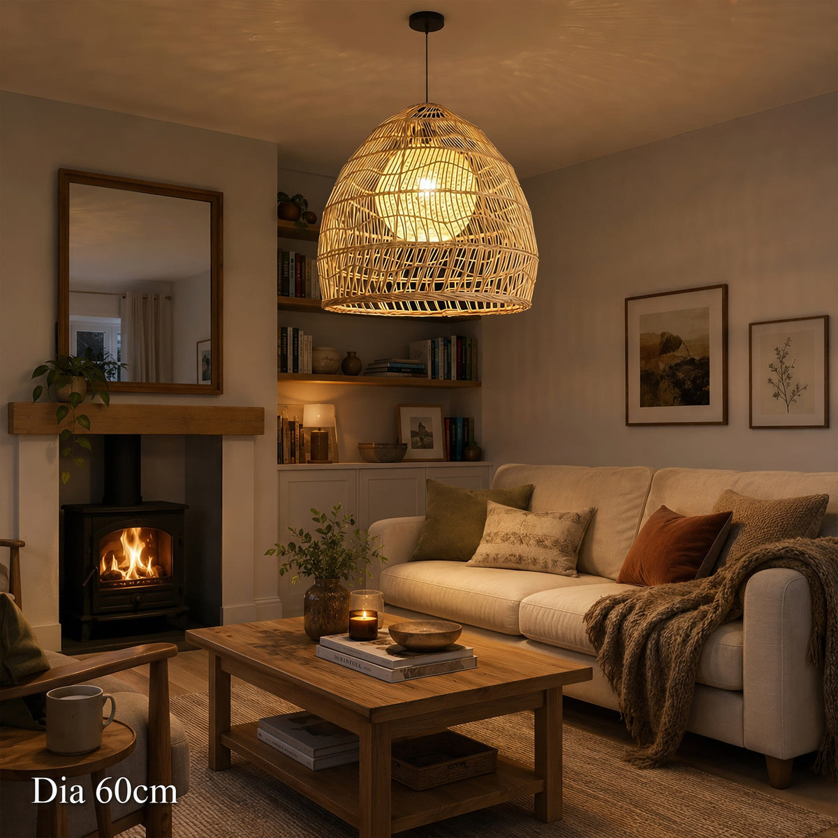 60cm rattan pendant light with yellow inner sphere in a cosy living room