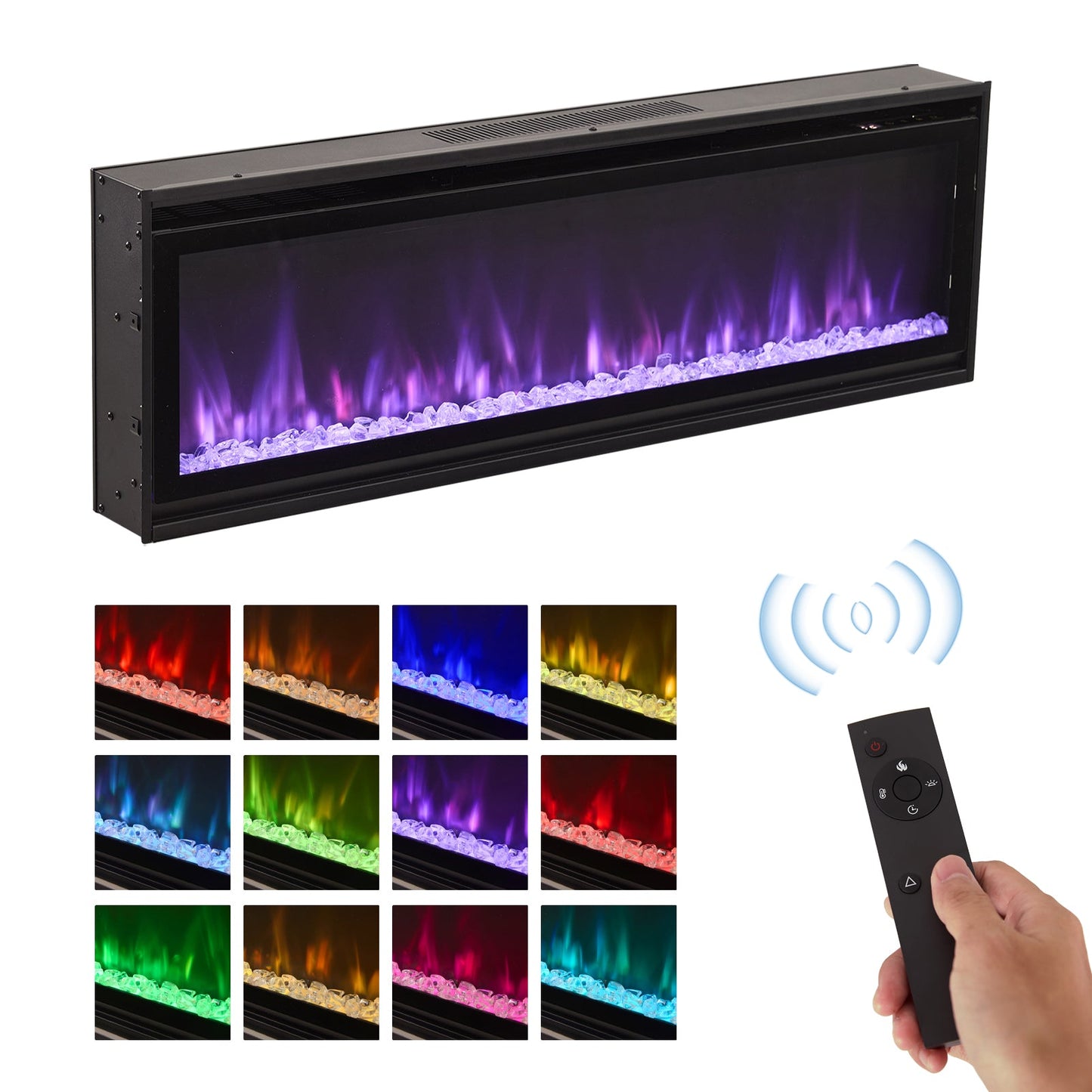 40/50/60inch Black Wall Mounted & Recessed Electric Fireplace with Adjustable Flame & Brightness