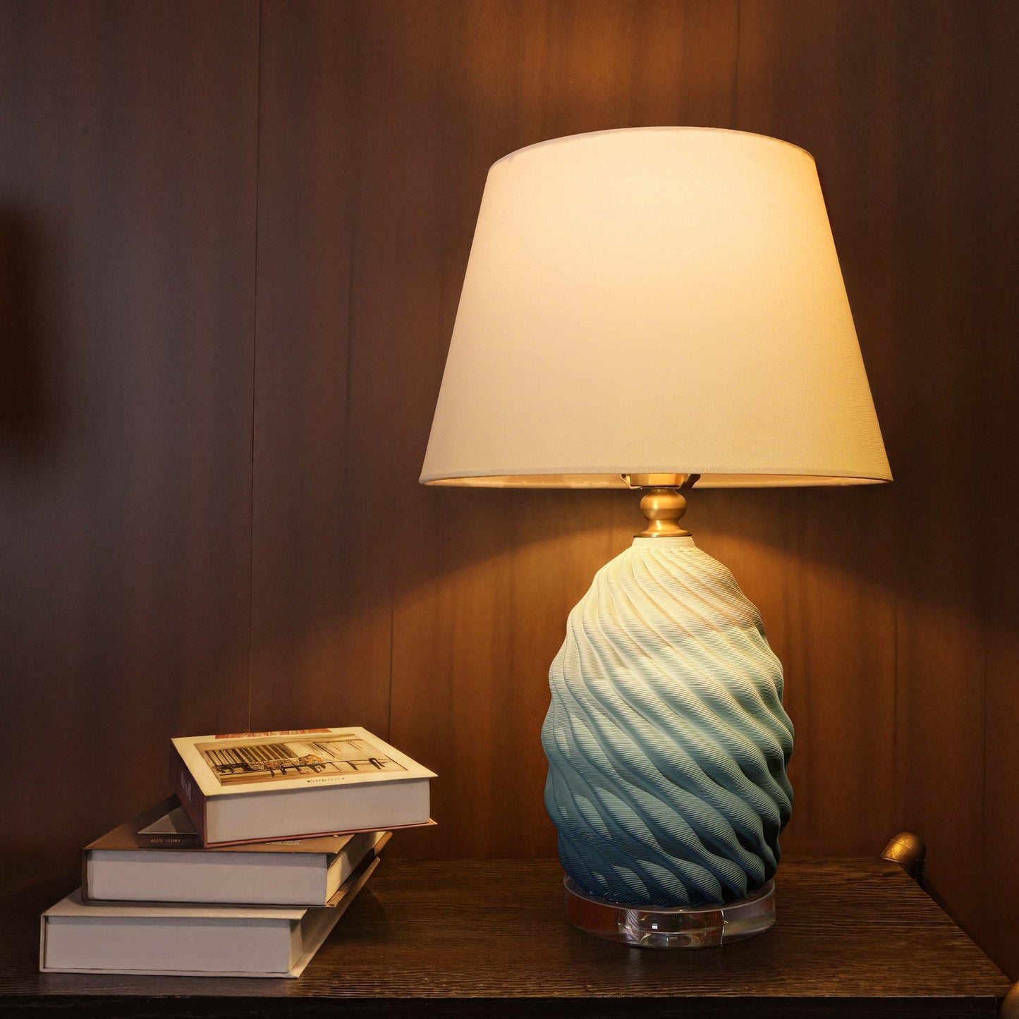 3D Blue Green White Gradient Threaded Ceramic Table Lamp with Fabric Shade