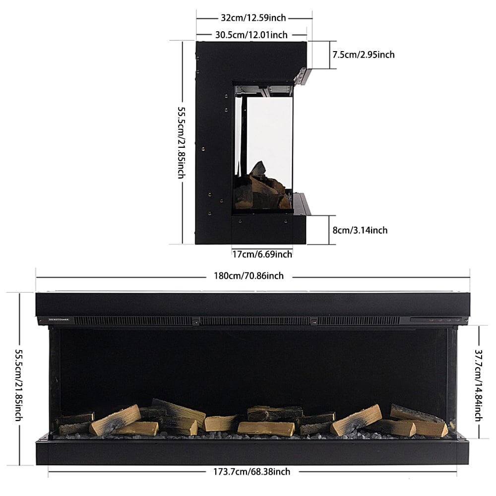 40/50/60/70-Inch 3-Sided Wall Mounted Electric Fireplace 9/12 Flame Colours and 5 Brightness Modes Living and Home