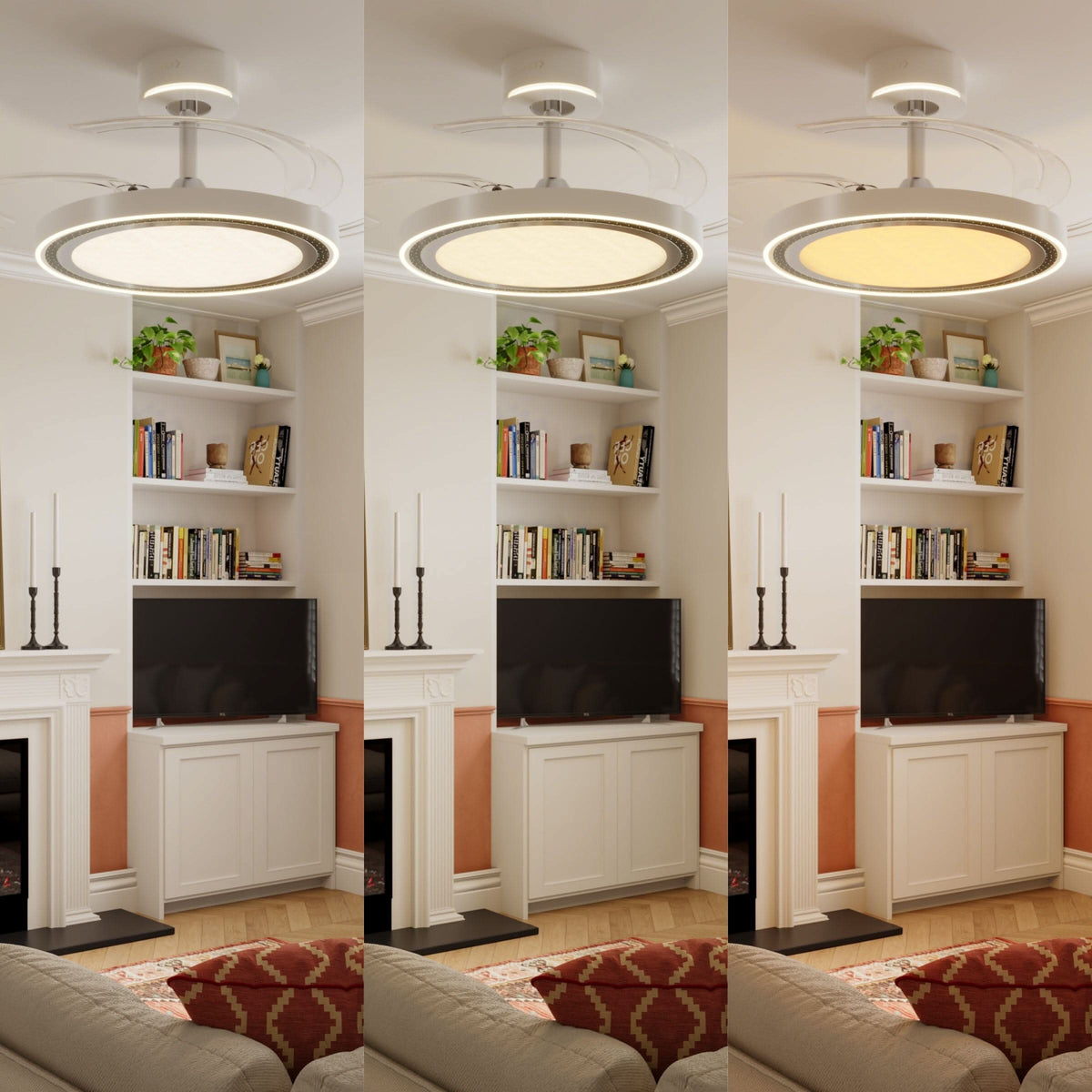 48 inch reversible ceiling fan with LED light with dimensions shown for installation
