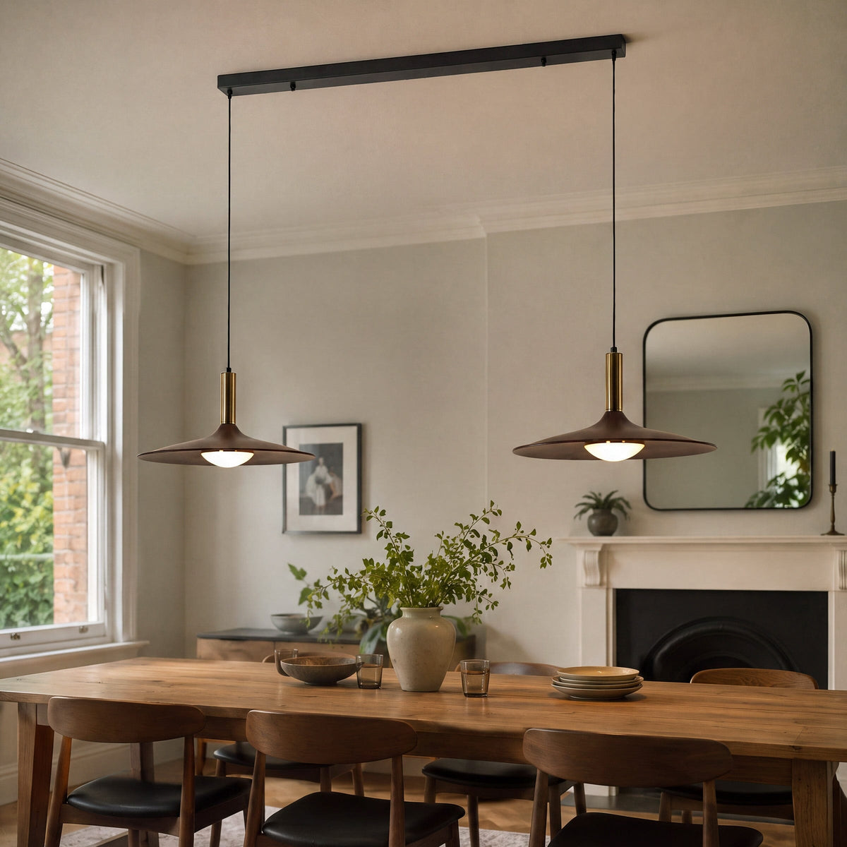 walnut double pendant light over a kitchen island