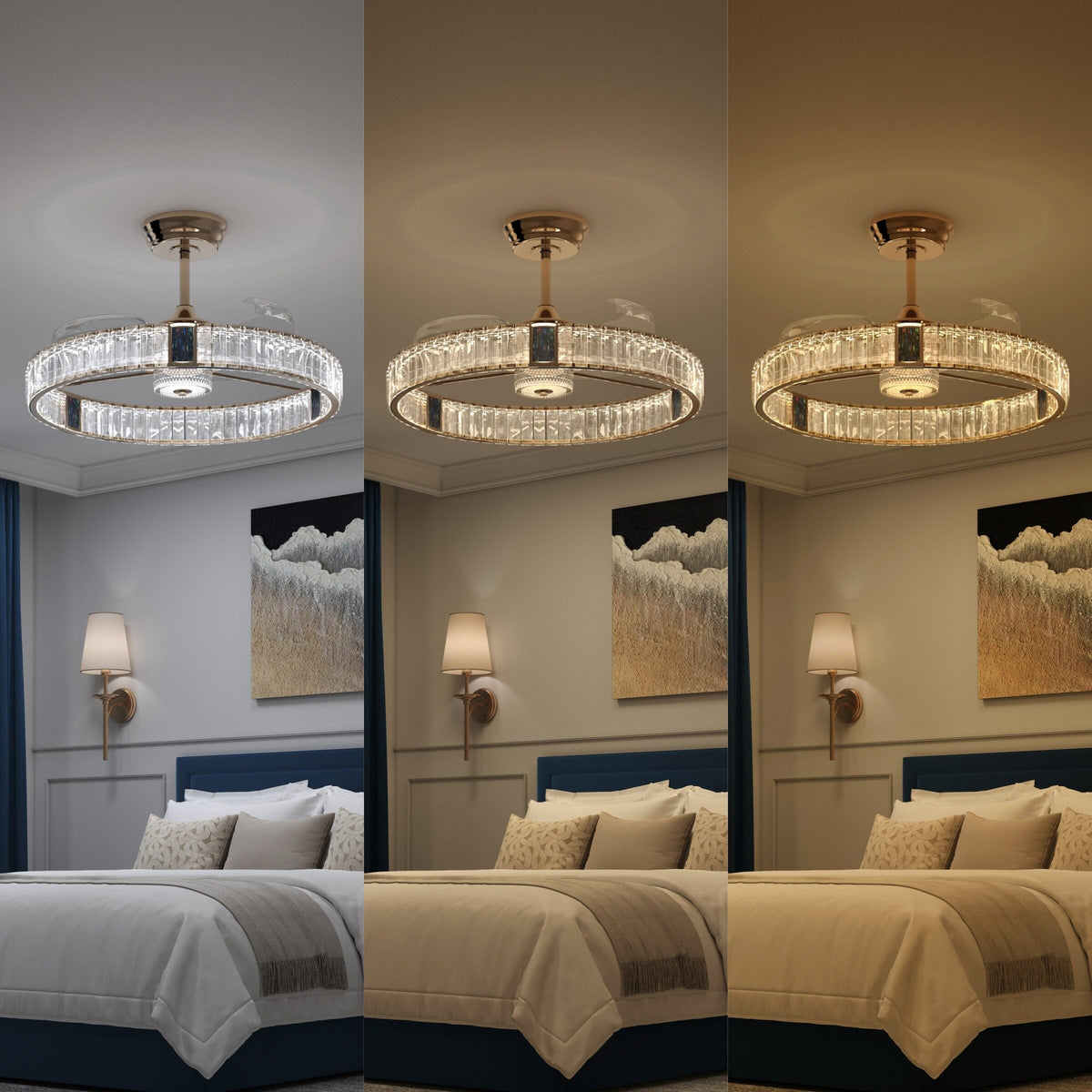 Reversible gold ceiling fan with LED light for summer and winter airflow