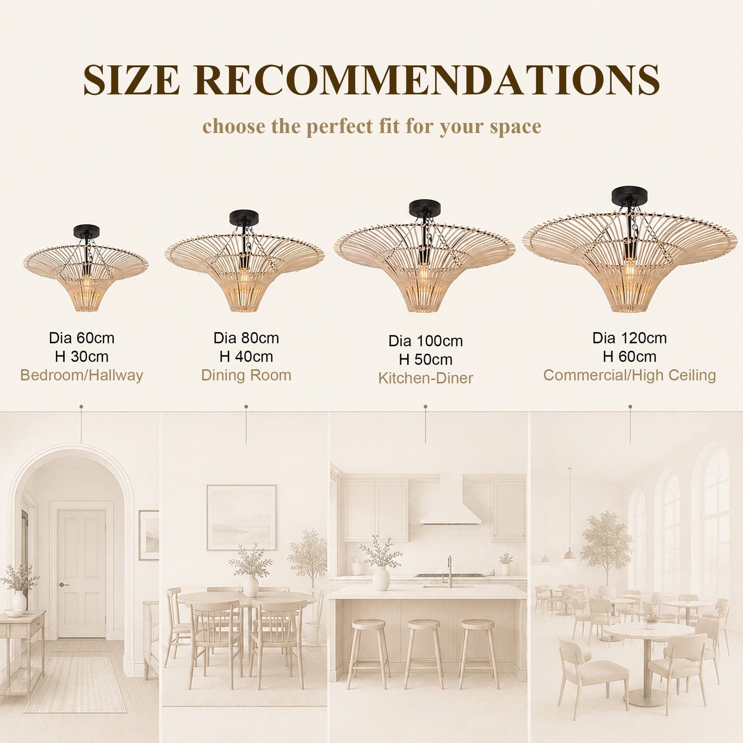 Size guide for 60cm to 120cm flying saucer rattan ceiling lights by room
