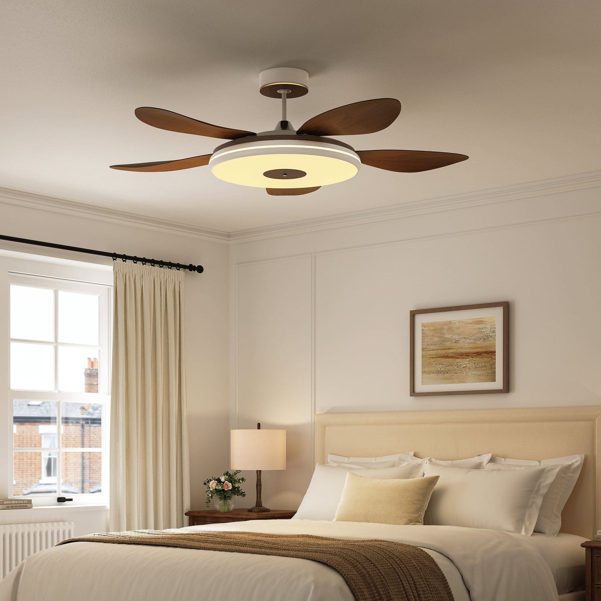 48 inch ceiling fan with dimmable LED light highlighting the blade and light ring