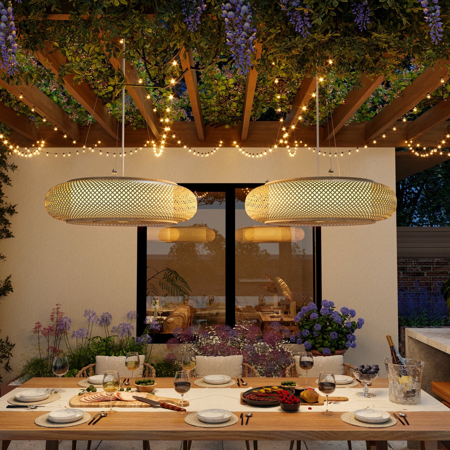pair of bamboo pendant lights above a covered patio table