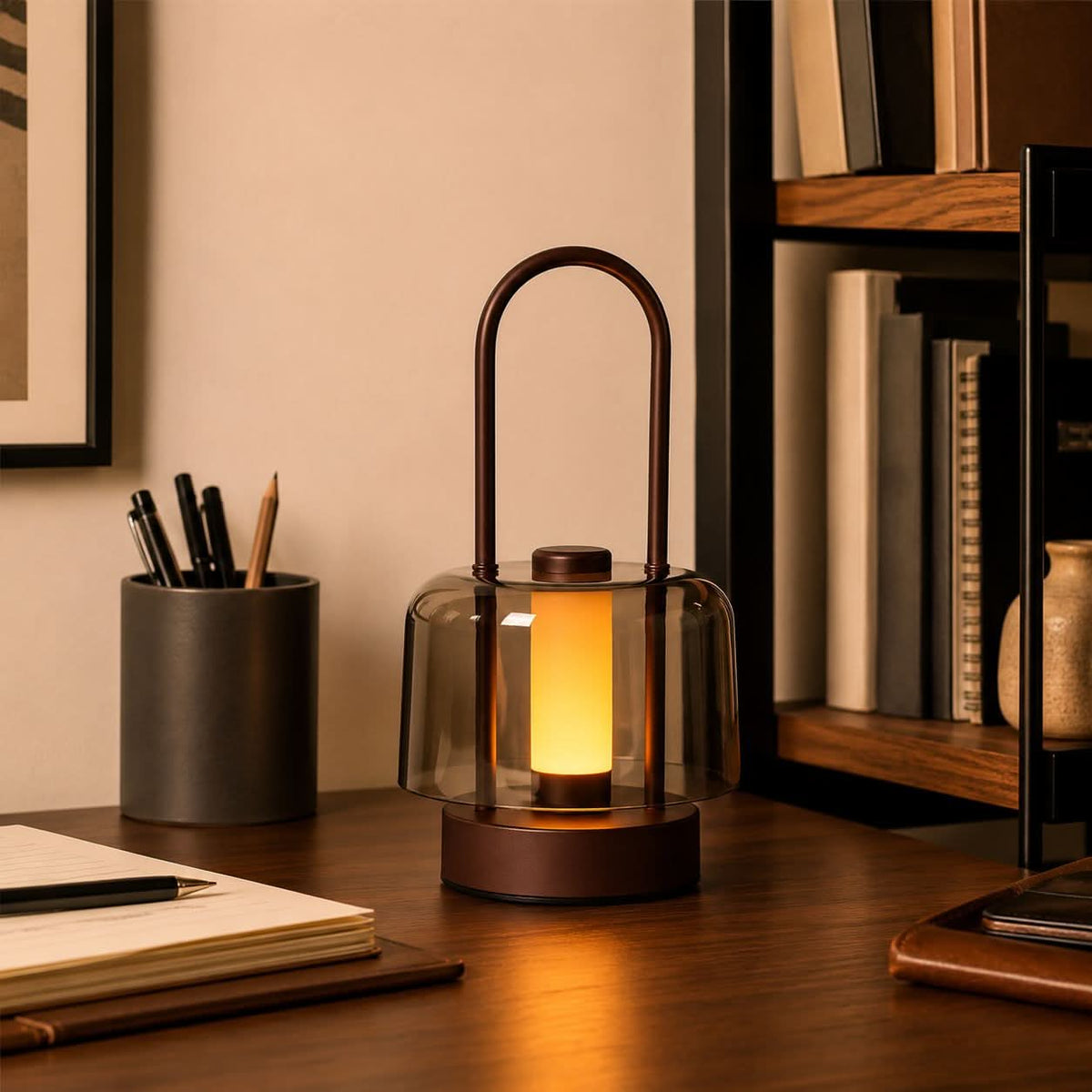 portable lantern-style ambient table lamp with close-up shade and base details