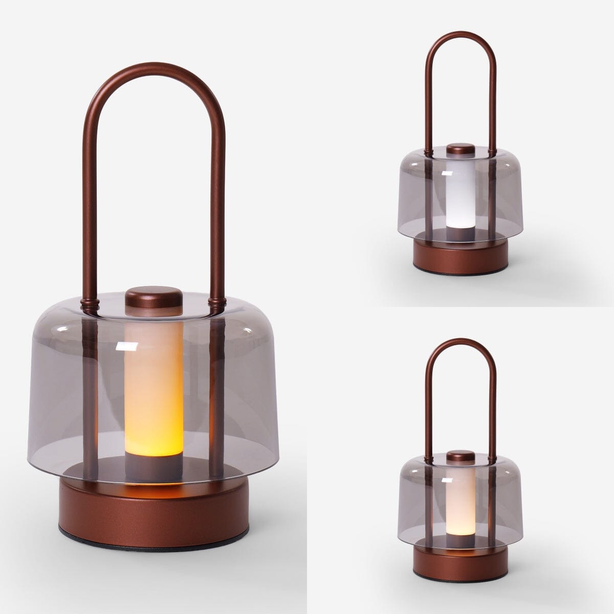 portable lantern-style ambient table lamp adding warm light to a bedroom