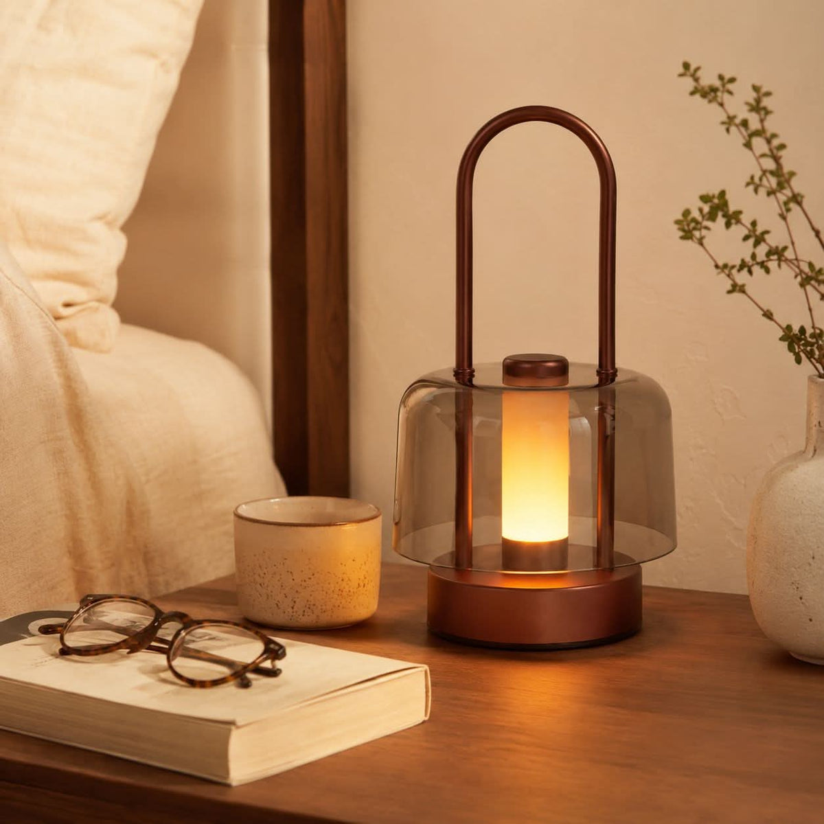 portable lantern-style ambient table lamp on a desk with soft ambient light
