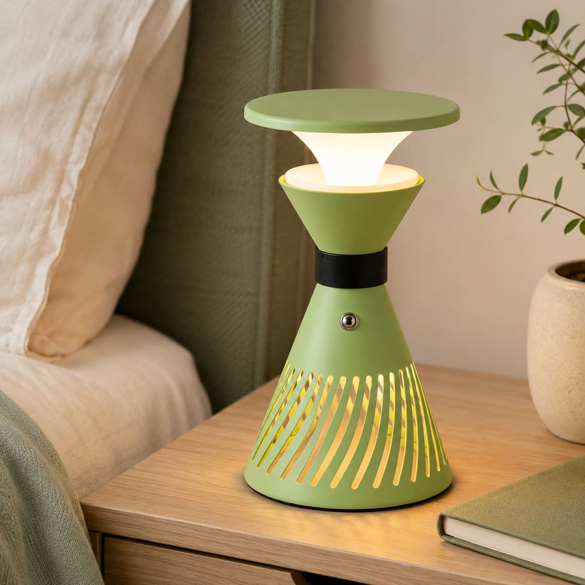 retro funnel cordless table lamp glowing on a bedside table