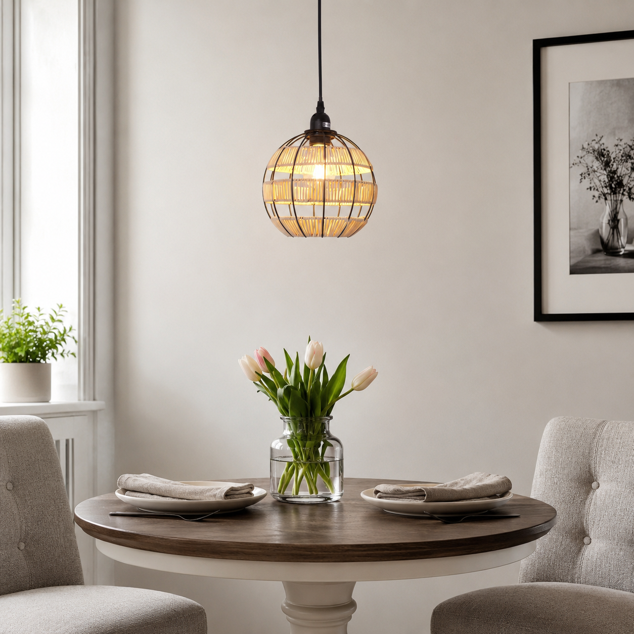 Glyph-Woven Sphere Pendant Light for Cozy Natural Elegance