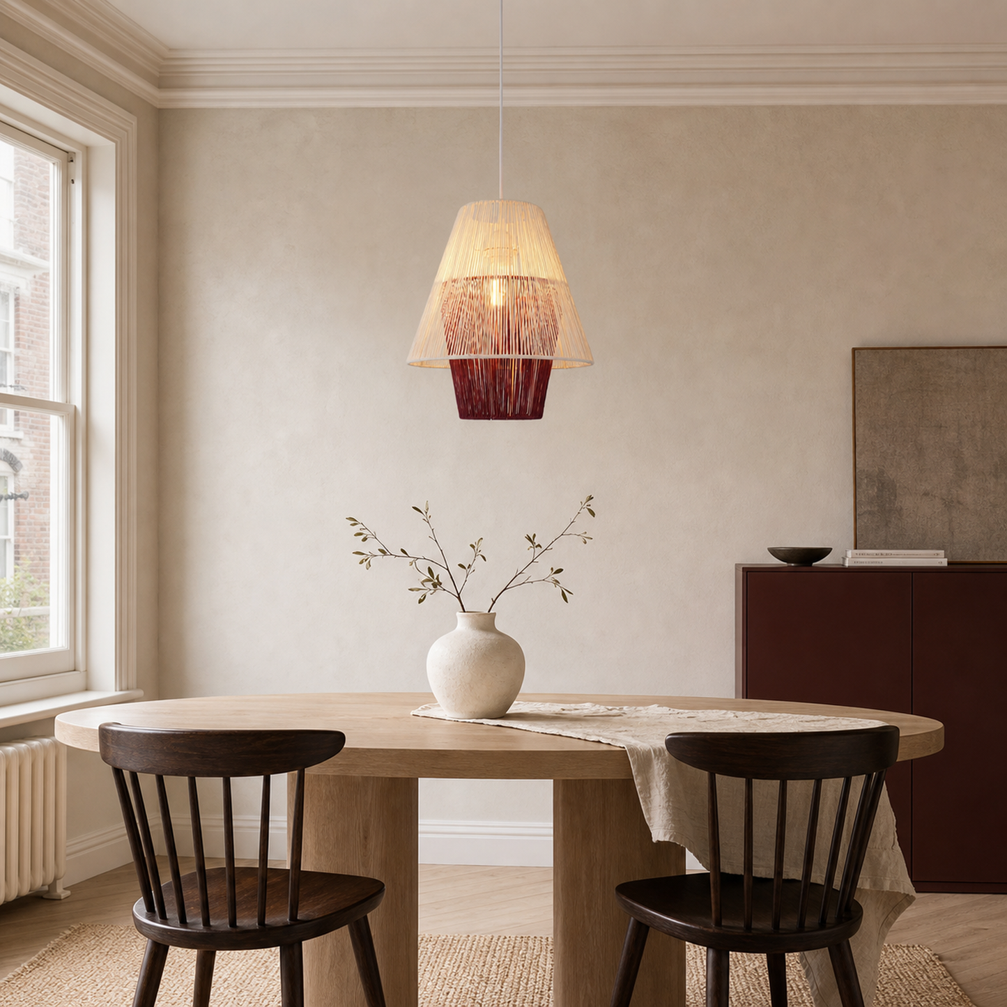 Modern White Pendant Light with Purple Paper Rope Design