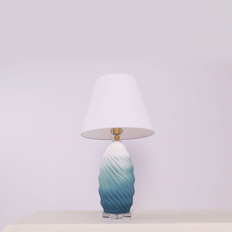 3D Blue Green White Gradient Threaded Ceramic Table Lamp with Fabric Shade