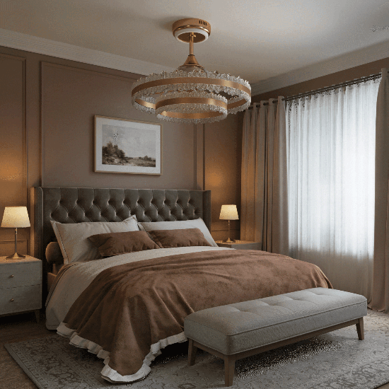 Gold ceiling fan light with clear retractable blades moving above a bedroom
