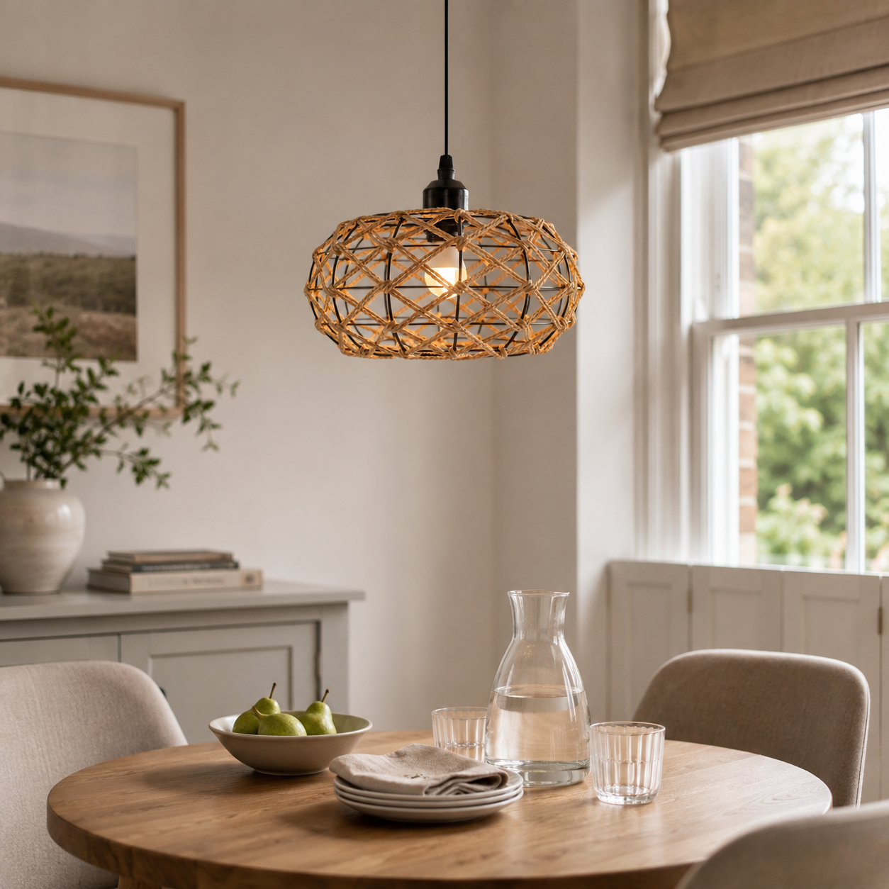 Glyph-Handwoven Paper Rope Pendant Light – Rustic Natural Ceiling Fixture for Bedroom, Dining & Living Rooms
