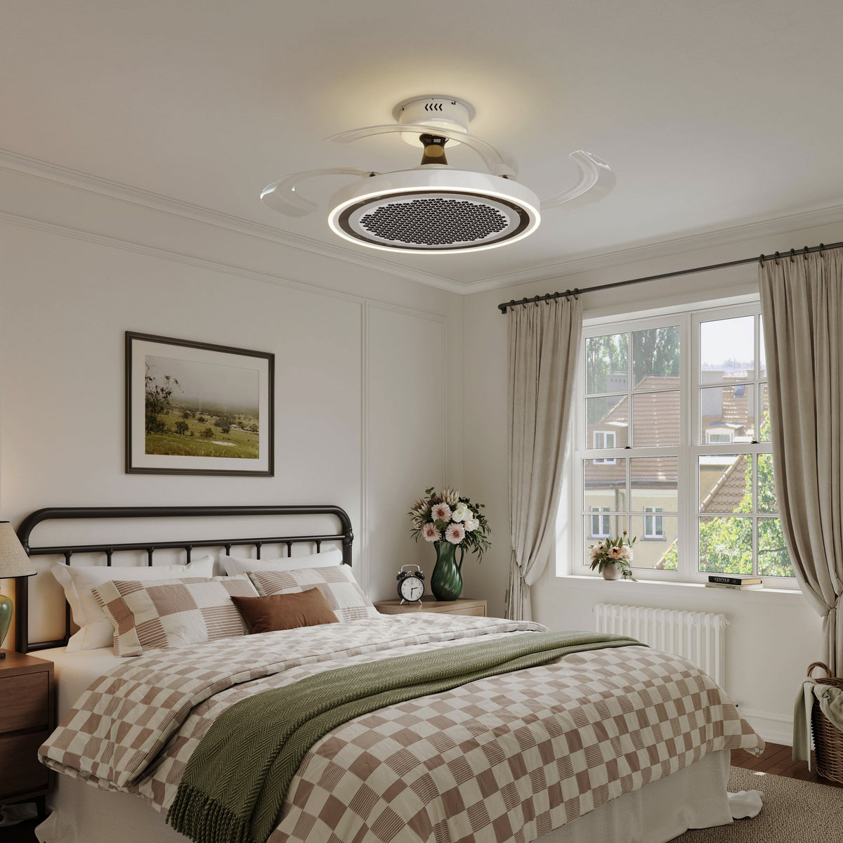 48 inch reversible ceiling fan with LED light with a compact motor and blade detail