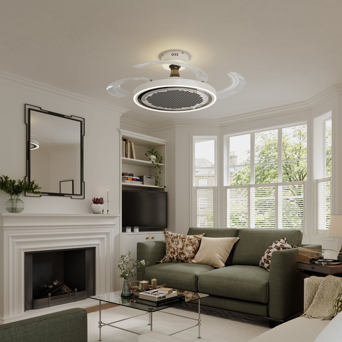 48 inch reversible ceiling fan with LED light in a neutral lounge setting