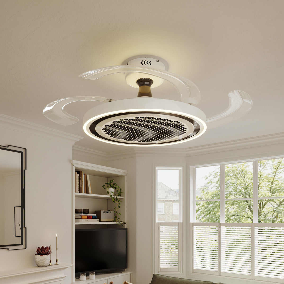 48 inch reversible ceiling fan with LED light with a compact motor and blade detail