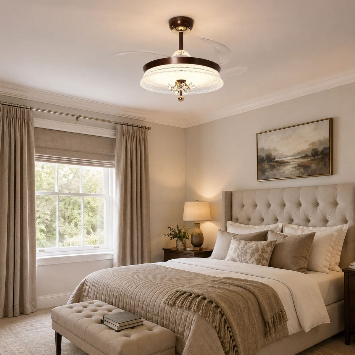 36 inch reversible ceiling fan with LED light in a neutral lounge setting